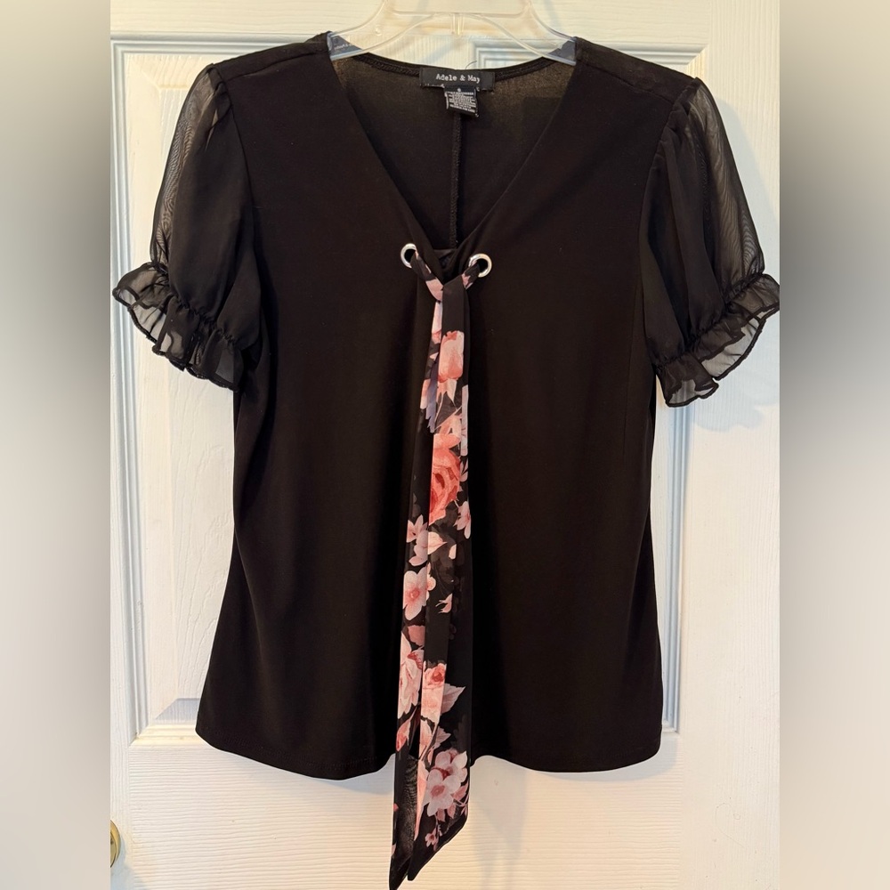 Adele & May Black V-Neck Blouse with Floral Tie
